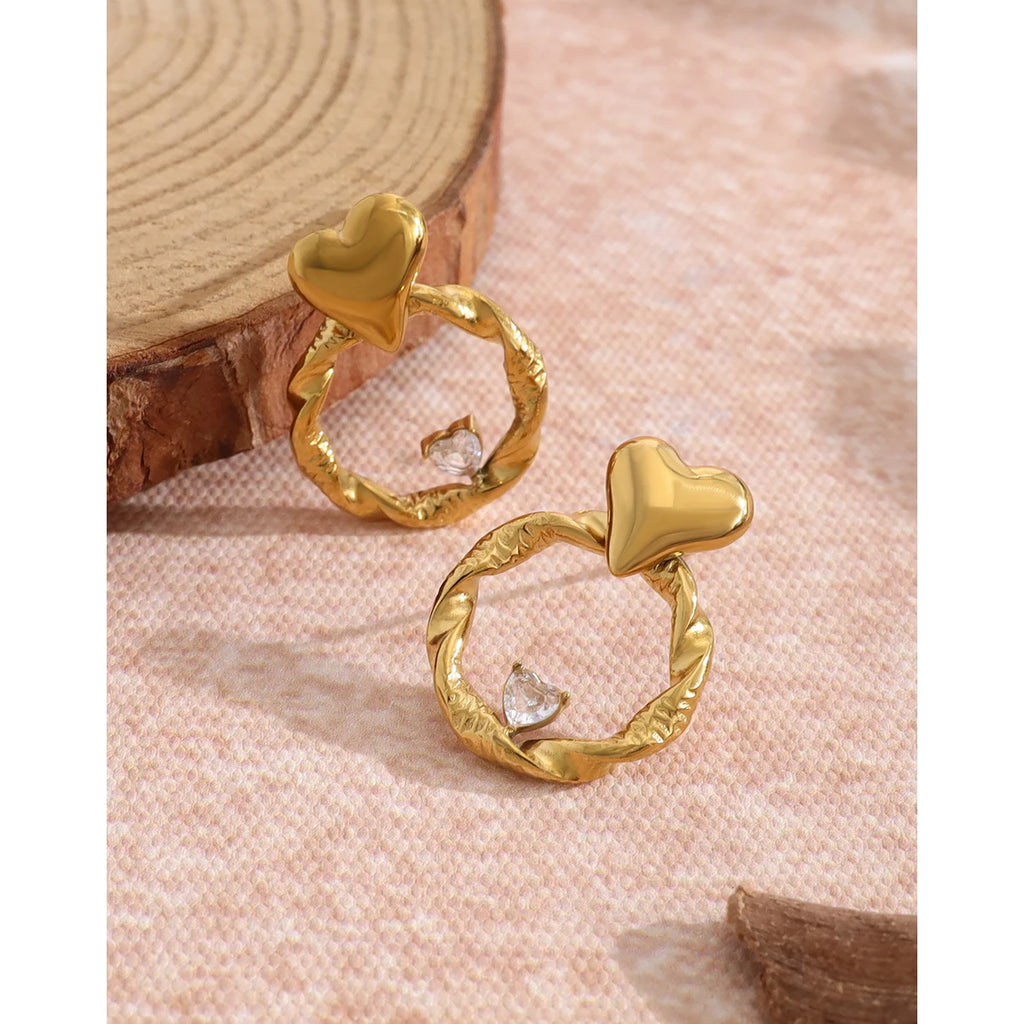 YACHAN Trendy Heart Crystal Stainless Steel Stud Earrings for Women Exquisite Chic Irregular 18K Gold Plated Jewelry