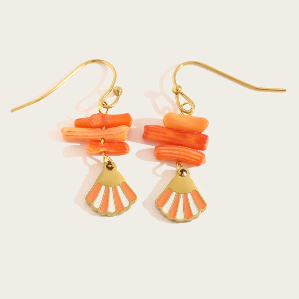 YACHAN New in Trendy Stainless Steel Shell Charm Earrings for Women Vintage Chic Orange Coral 18K Gold Plated Waterproof Jewelry