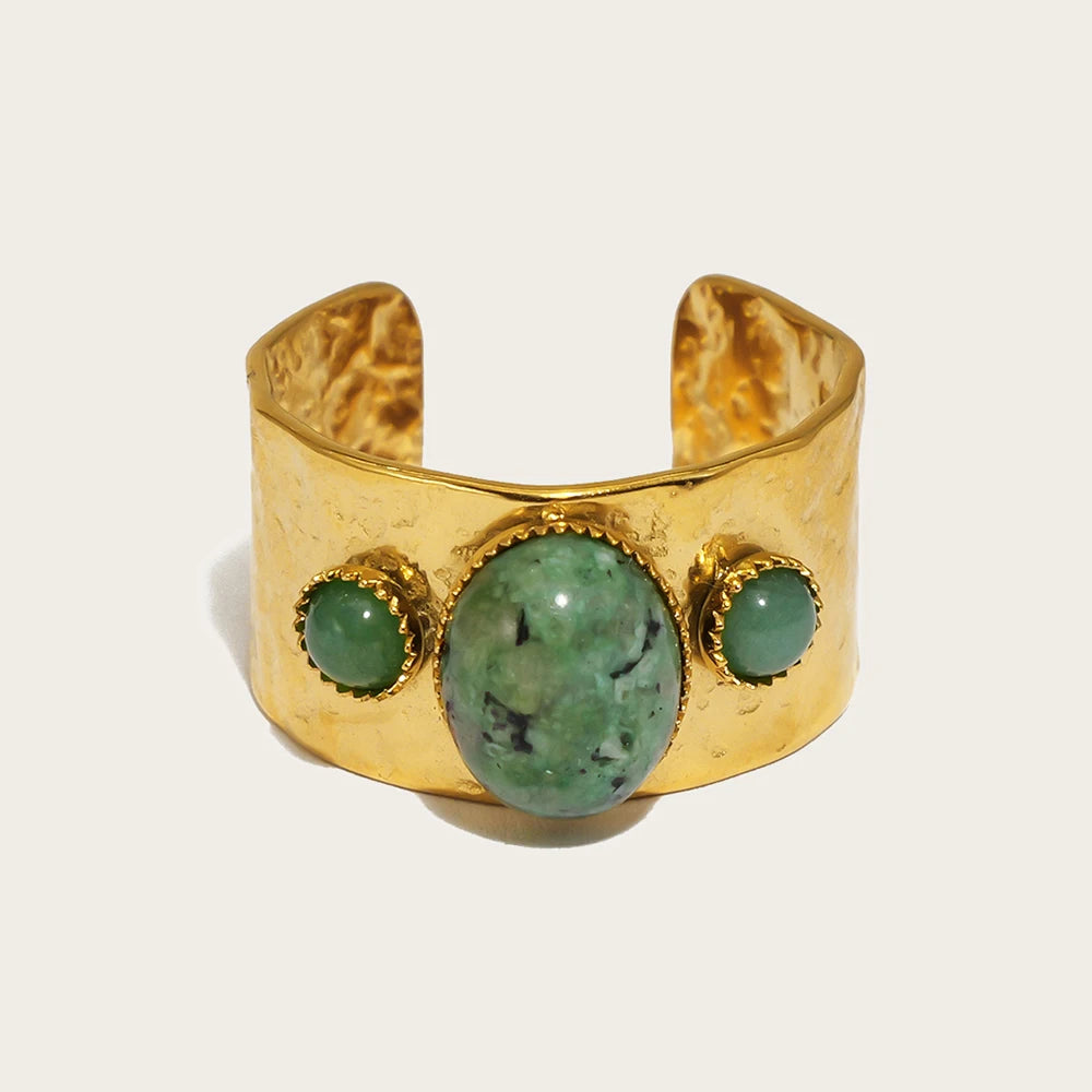 YACHAN 18K Gold Plated Stainless Steel Rings for Women Vintage Luxury Green Natural Stone Irregular Texture Trendy Jewelry