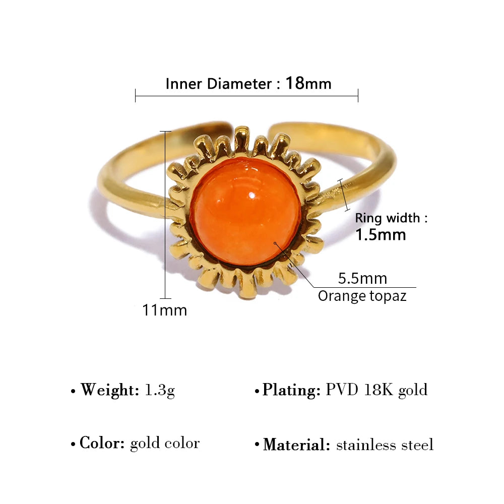 YACHAN Orange Natural Stone Stainless Steel Rings for Women Retro Luxury 18K Gold Plated Jewelry Waterproof