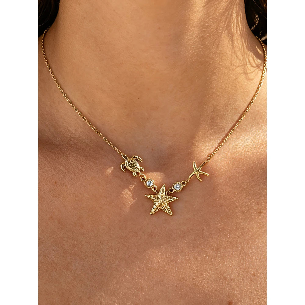 YACHAN Waterproof 18K Gold Plated Stainless Steel Ocean Beach Pendant Necklace for Women Turtle Starfish Charm Jewelry