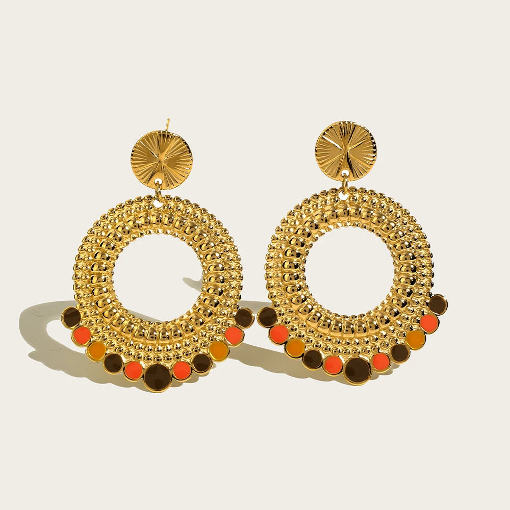 YACHAN PVD 18K Gold-Plated Stainless Steel Drop Earrings for Women Geometric Metal Texture Enamel Trendy Jewelry