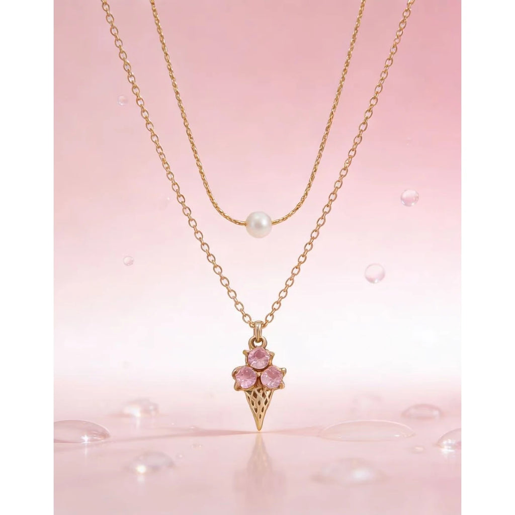 YACHAN Trendy Pink Crystal Ice Cream Pendant Necklace for Women Chic Cute Charm 18K Gold Plated Stainless Steel Jewelry