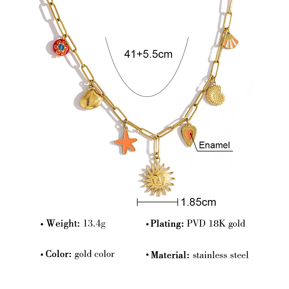 YACHAN Ocean Series Stainless Steel Charms Necklace for Women Vintage Trendy 18K Gold Plated Vacation Jewelry Waterproof