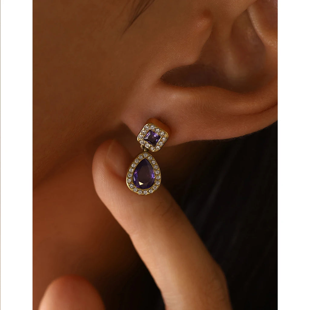 YACHAN 18K Gold Plated Luxury Stainless Steel Drop Earrings for Women Chic Purple Crystal Dangle Earring Trendy Jewelry
