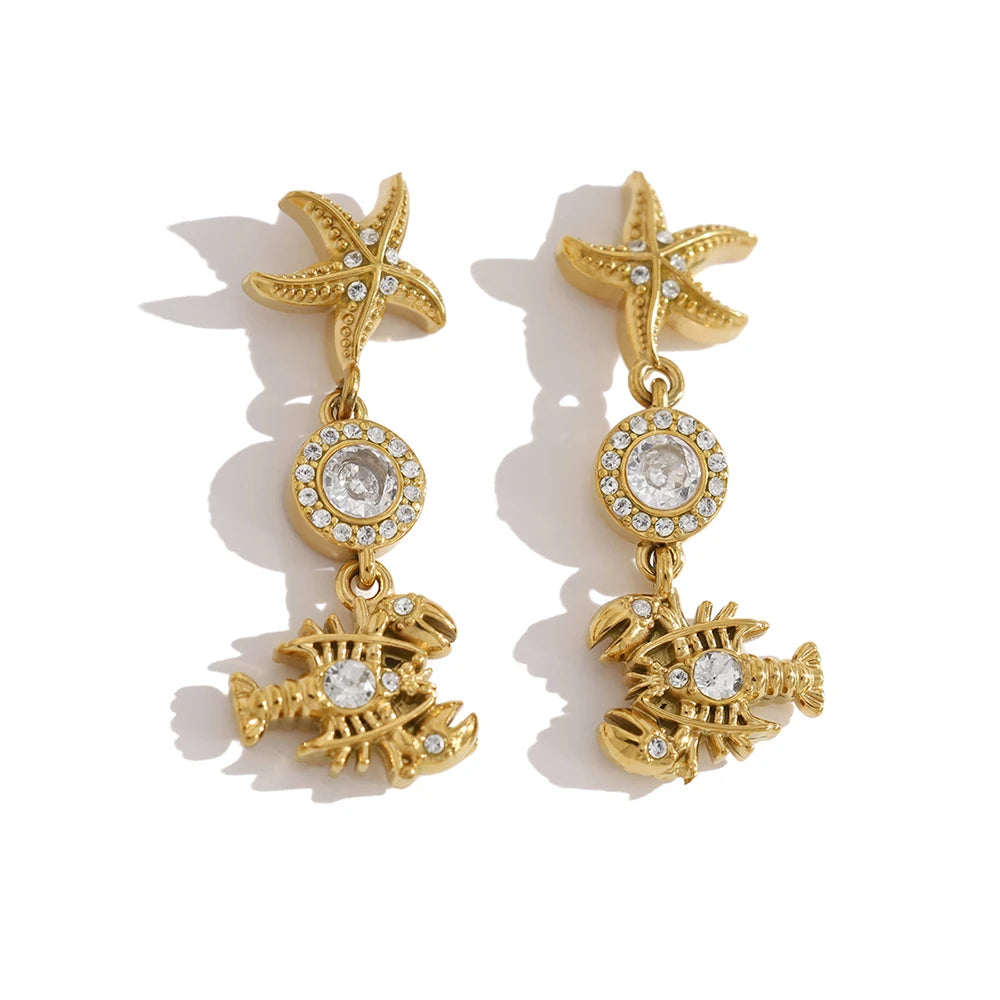 YACHAN 18K PVD Gold Plated Stainless Steel Dangle Earrings for Women Waterproof CZ Starfish Lobster Summer Ocean Beach Jewelry