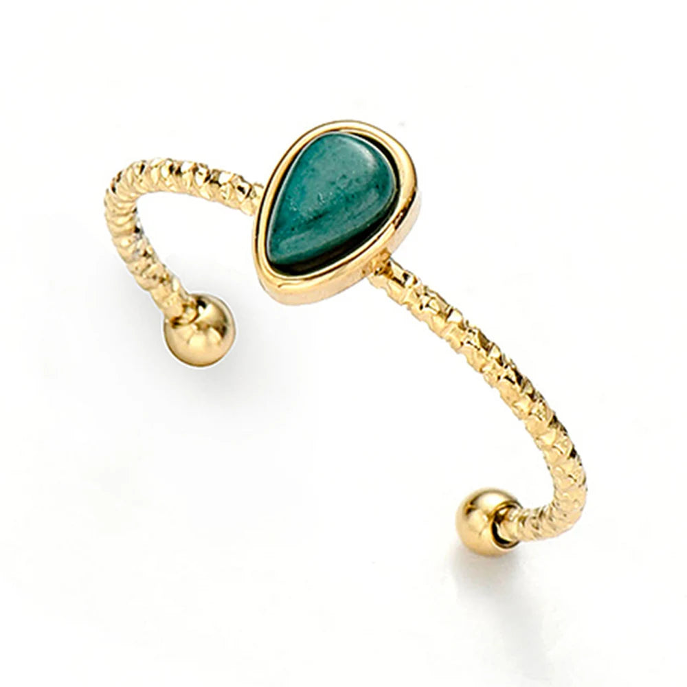 YACHAN Stainless Steel Ring for Women Turquoise Natural Stone Open Adjustable Water Drops 18K Gold PVD Plated Trendy Jewelry