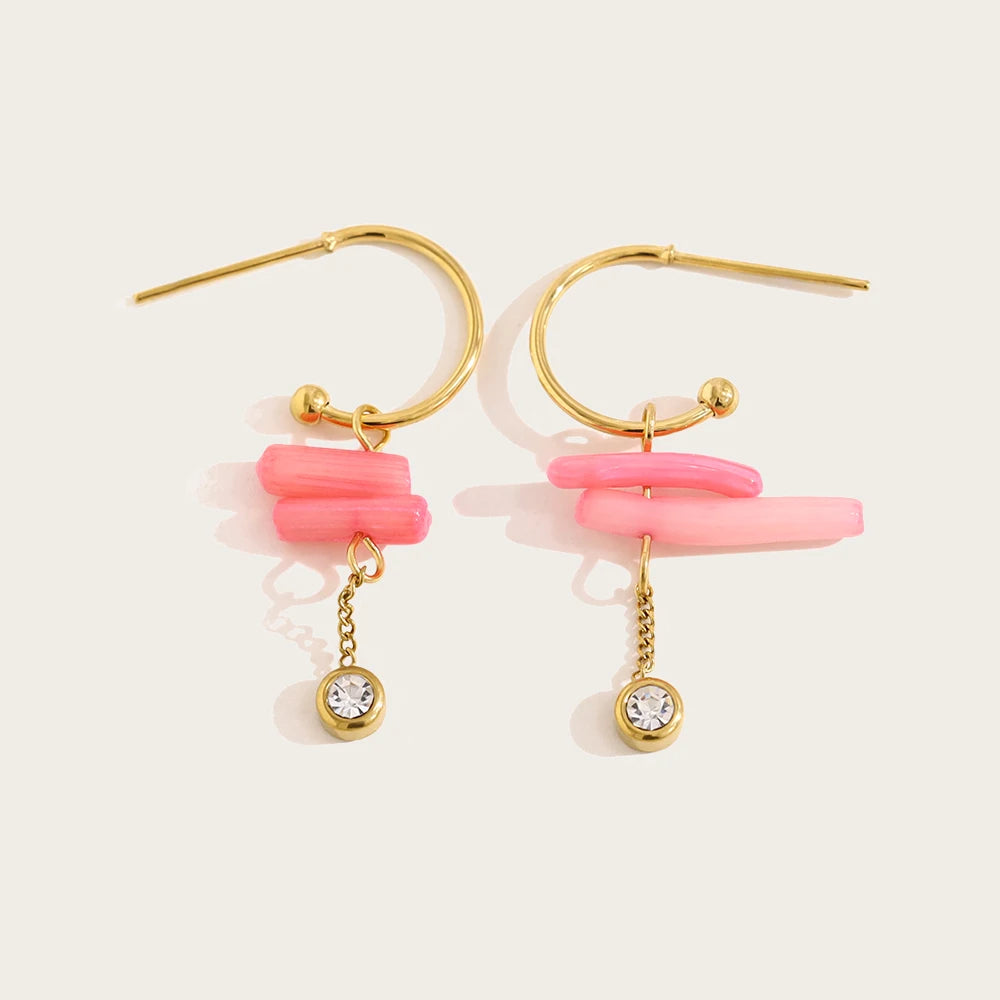 YACHAN Irregular Pink Coral Irregular Dangle Earrings for Women Trendy Elegant Charm 18K Gold Plated Stainless Steel Jewelry