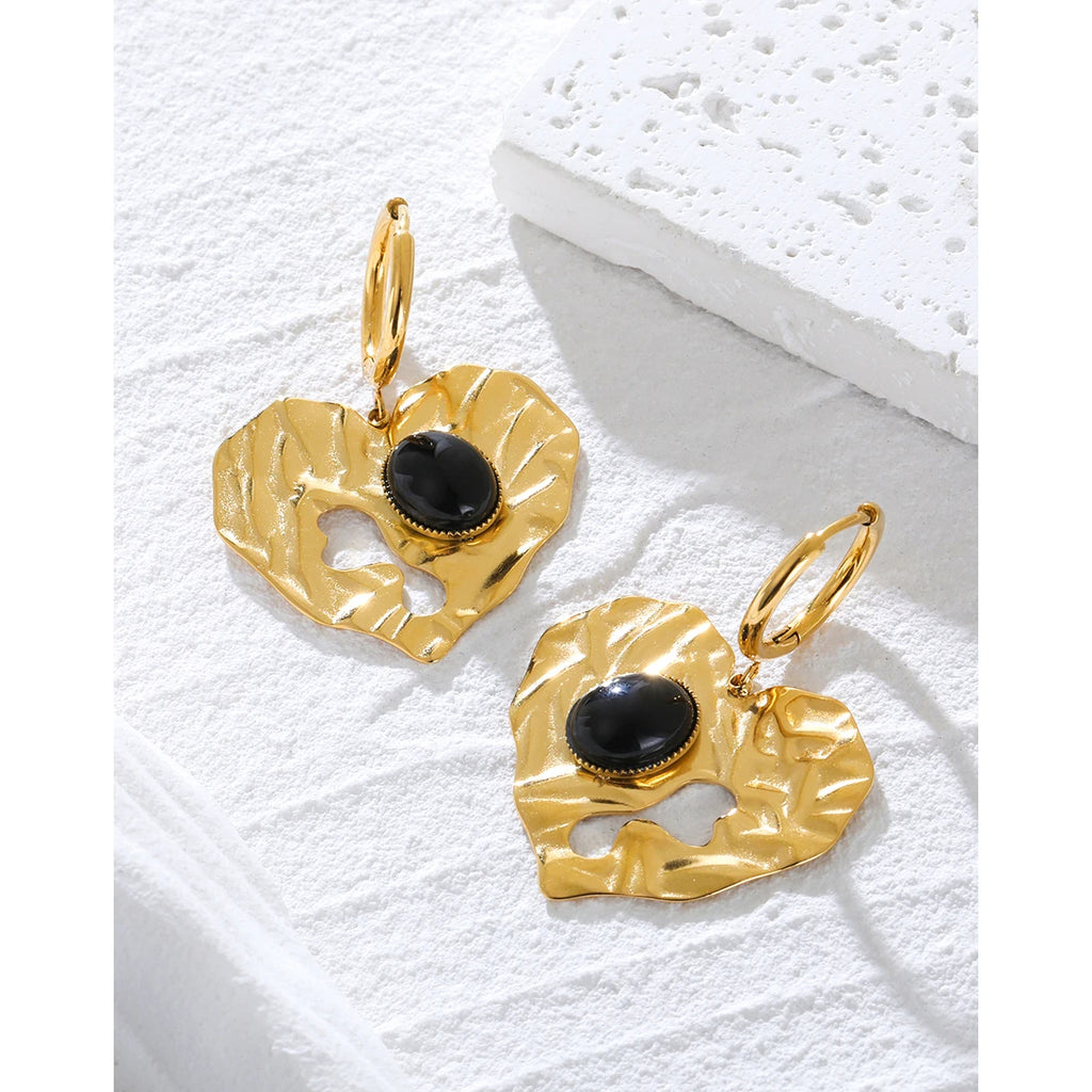 YACHAN Trendy Irregular Heart Drop Earrings for Women Chic Black Stone Huggie Earring Aesthetic Jewelry Waterproof