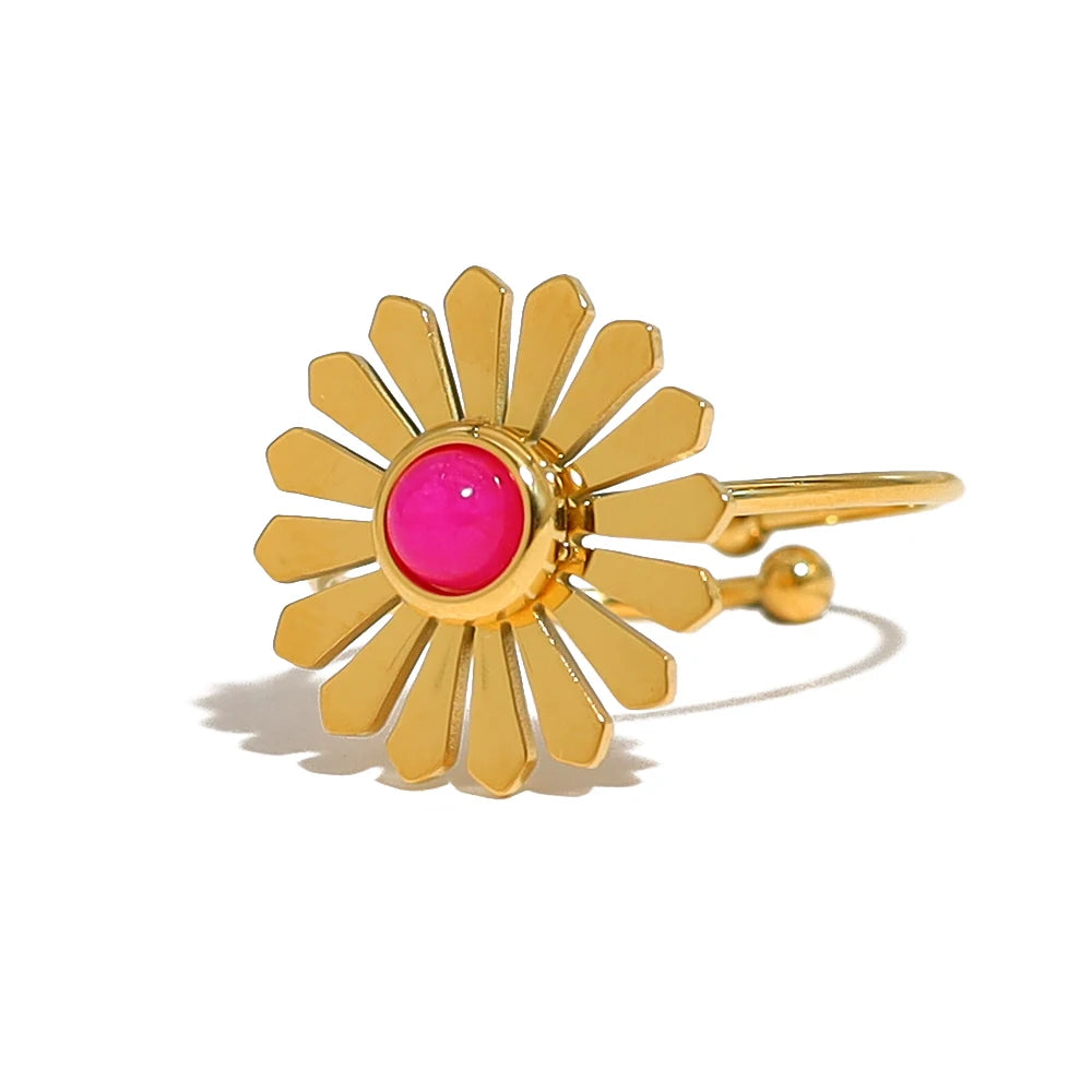 YACHAN Luxury Pink Natural Stone Stainless Steel Rings for Women Geometric Heart Flower Charming Chic Jewelry