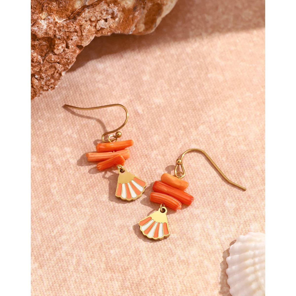 YACHAN New in Trendy Stainless Steel Shell Charm Earrings for Women Vintage Chic Orange Coral 18K Gold Plated Waterproof Jewelry