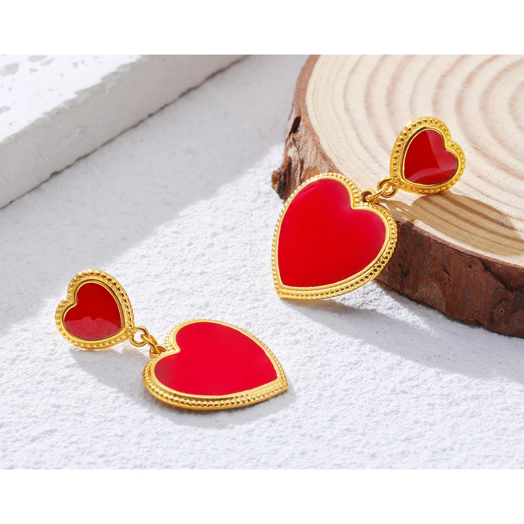 YACHAN Red Enamel Heart Stainless Steel Drop Earrings for Women Chic 18K Gold Plated Dangle Earring Waterproof Jewelry