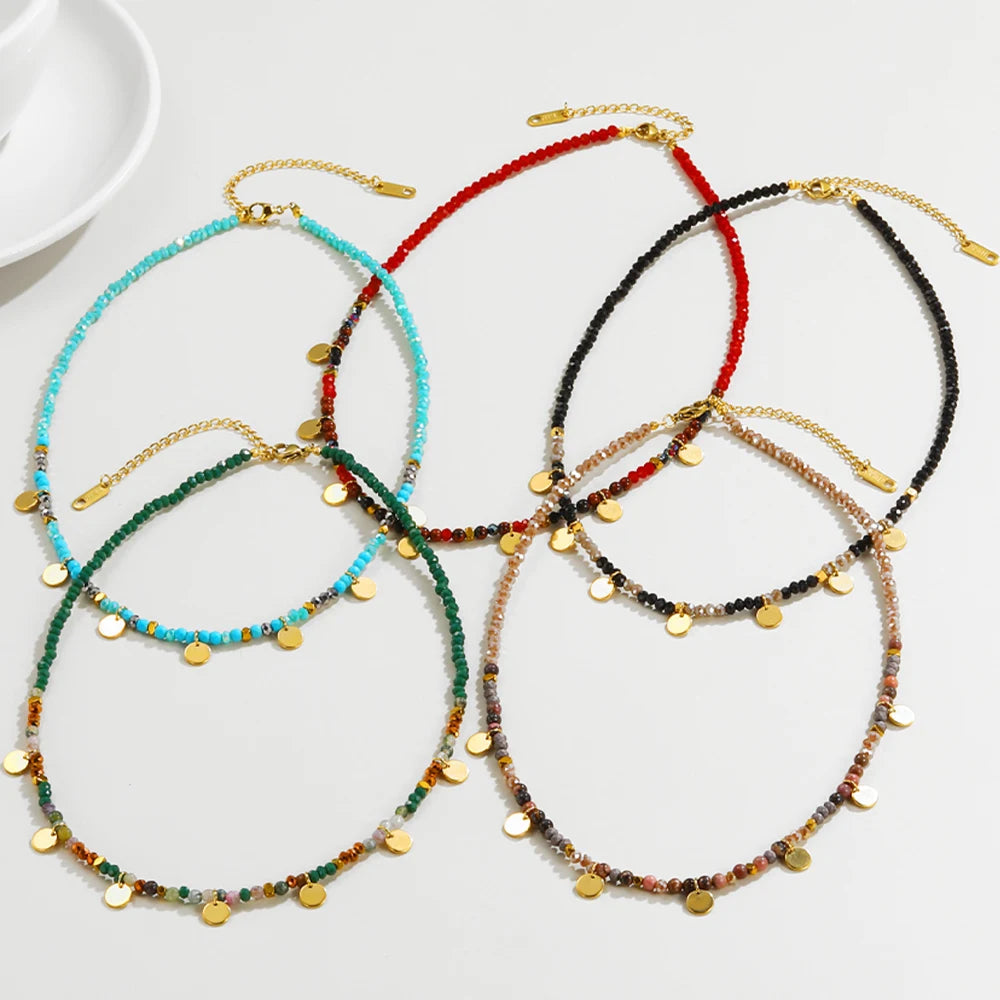YACHAN Bohemia Colorful Acrylic Beaded Necklace for Women Handmade Bead Stainless Steel round Pendant Necklaces Trendy Jewelry