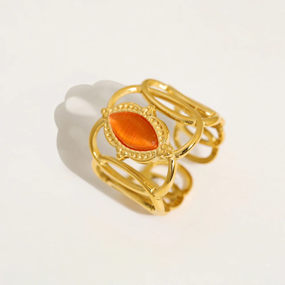 YACHAN 18K Gold Plated Stainless Steel Rings for Women Luxury Opal Vintage Aesthetic Designer Jewelry Waterproof