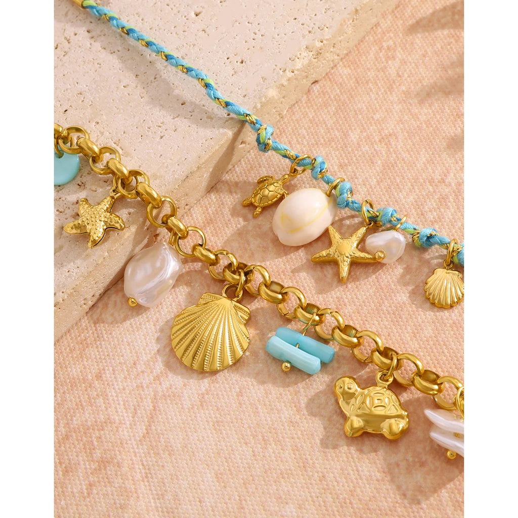 YACHAN Boho Ocean Pendant Necklace for Women 18K Gold Plated Stainless Steel Charms Vintage Bracelet Jewelry Set Waterproof