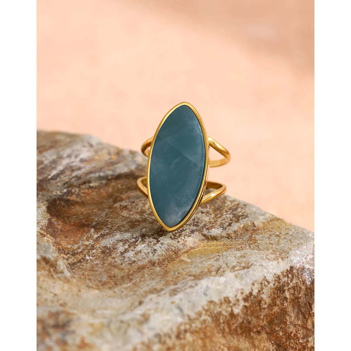 YACHAN Vintage Luxury Natural Stone Stainless Steel Ring for Women Blue Charm 18K Gold Plated Trendy Waterproof Jewelry
