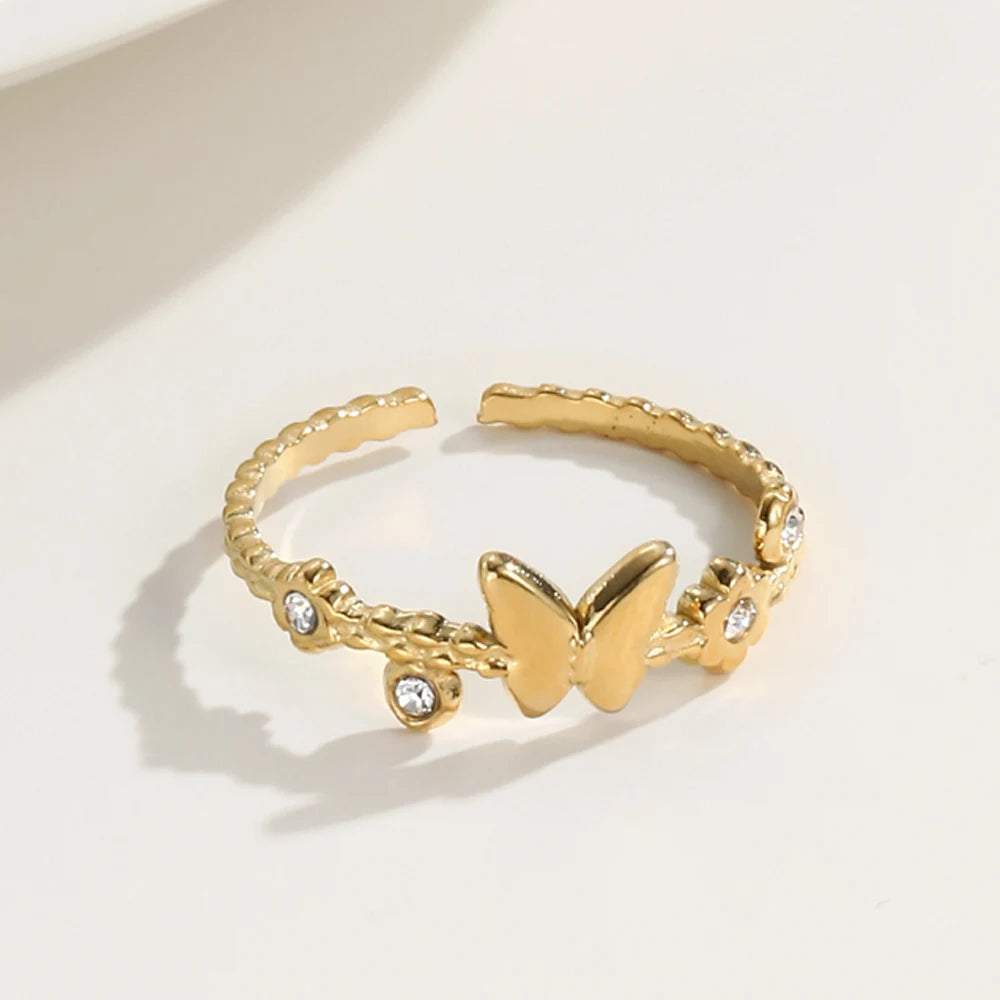 YACHAN Fashion Simple Cute Butterfly Rings for Women Elegant Charm Adjustable Ring Stainless Steel Jewelry
