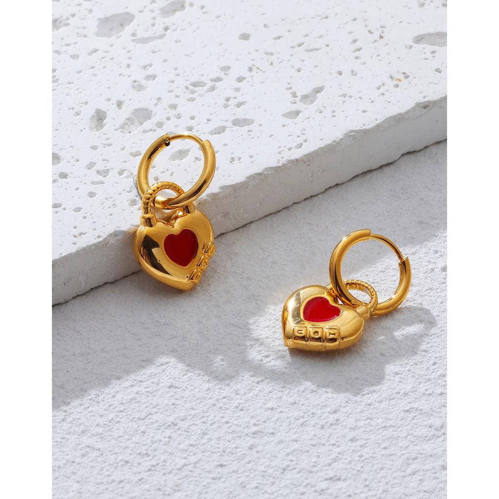 YACHAN Trendy 18K Gold Plated Stainless Steel Hoop Earrings for Women Red Enamel Heart Exquisite Chic Cute Jewelry