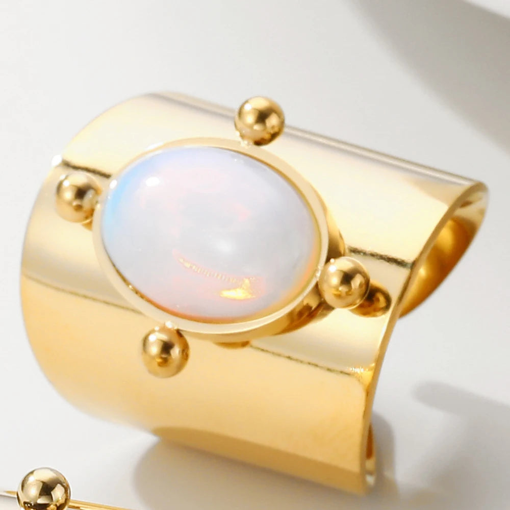 YACHAN Water Proof Stainless Steel Glossy Ring for Women Green Natural Stone Opening Gold Plated Rope Rings Trendy Jewelry Gift