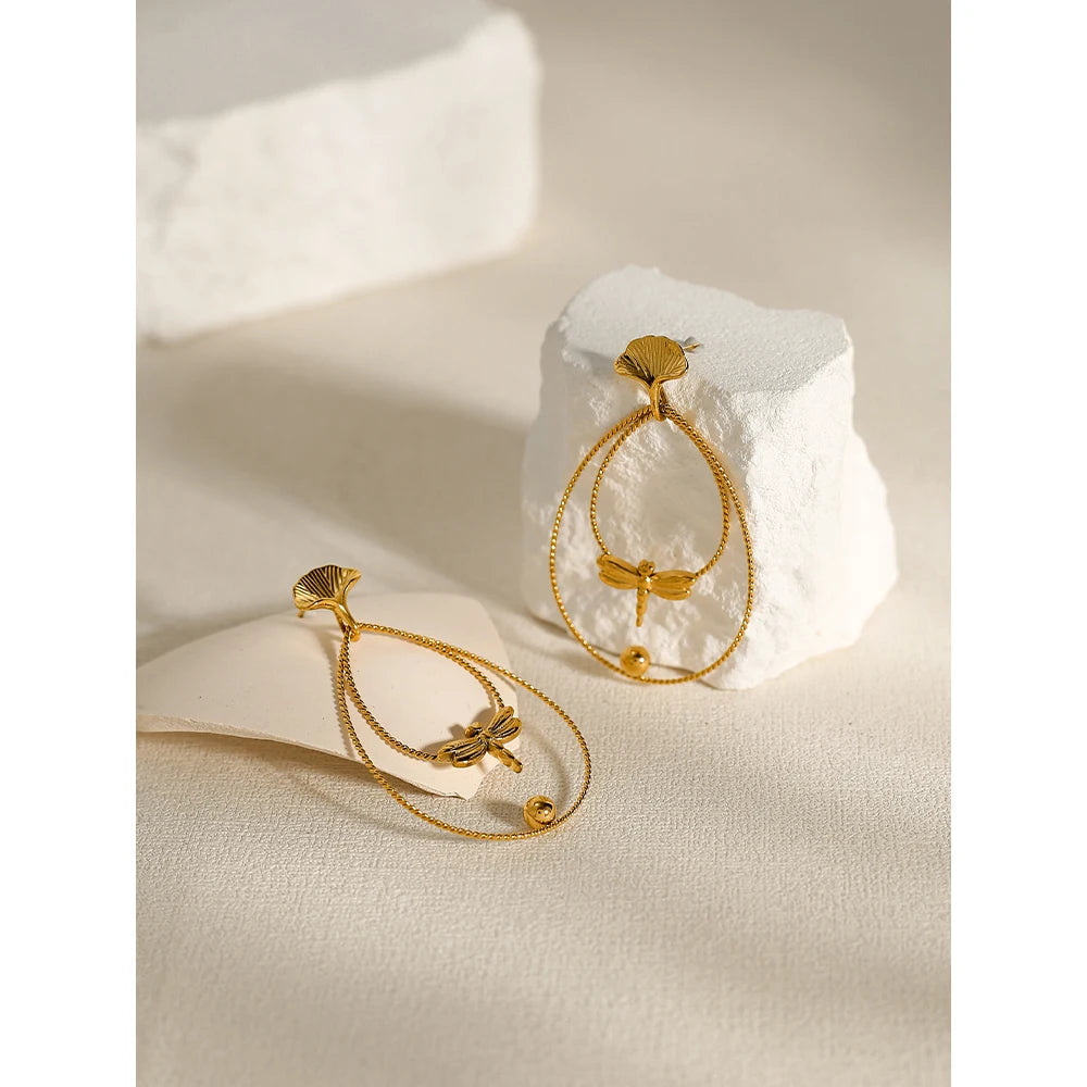 YACHAN 18K Gold Plated Stainless Steel Earrings for Women Creative Dragonfly Ginkgo Leaf Drop Earrings Trendy Jewelry