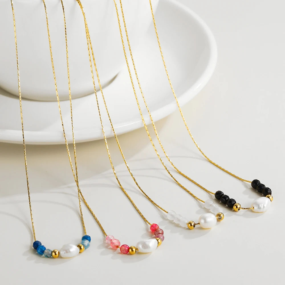YACHAN Stainless Steel Golden Sweater Necklace Rope Chain Bead Beads Pearl Pendant for Woman Trendy Jewelry 4 Color