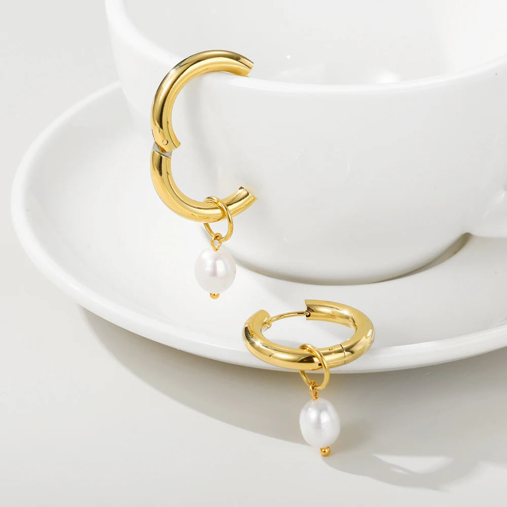 YACHAN Fashion Pearl Pendant Drop Earrings for Women Stainless Steel Hoop High Quality Waterproof Jewelry