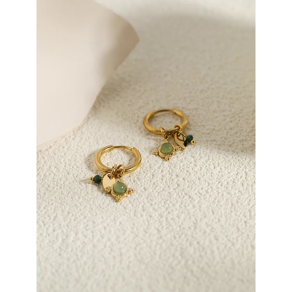 YACHAN 18K Gold Plated Green Natural Stone Stainless Steel Hoop Earrings for Women Luxury Charms Aesthetic Jewelry