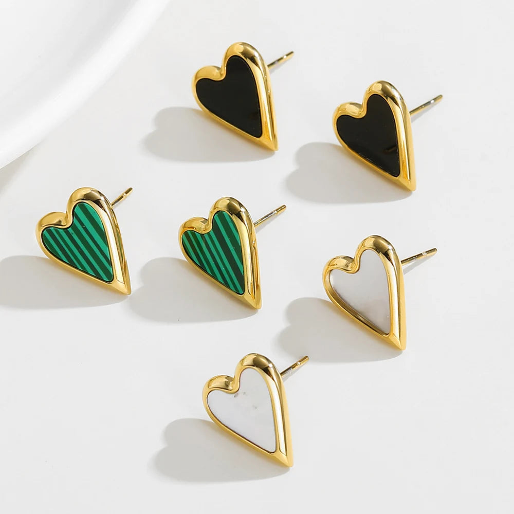 YACHAN Korean Heart Stainless Steel Stud Earrings Vintage Green Natural Stone Romantic Cute Jewelry for Women