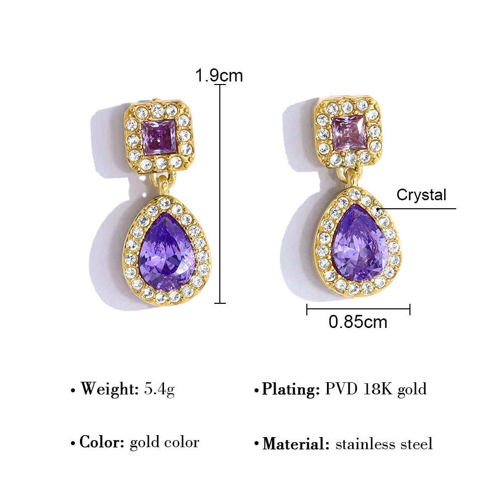 YACHAN 18K Gold Plated Luxury Stainless Steel Drop Earrings for Women Chic Purple Crystal Dangle Earring Trendy Jewelry