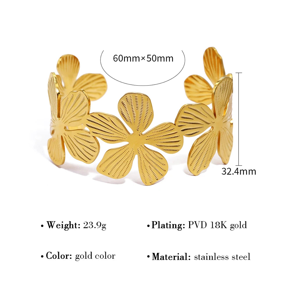 YACHAN 18K Gold Plated Stainless Steel Floral Cuff Bracelet for Women Vantage Charm Bangle Trendy Statement Jewelry