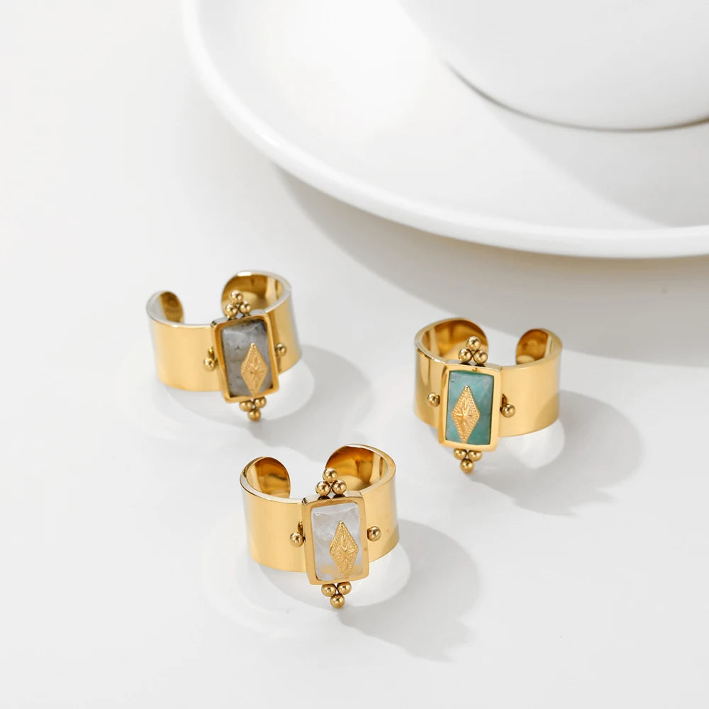 YACHAN Water Proof Natural Stone Stainless Steel Gold Plated Wide Rings for Women Finger Adjustable Open Ring Vintage Jewelry