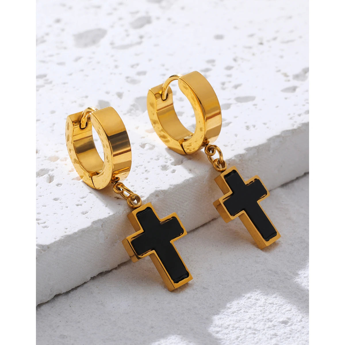 YACHAN Classic Cross Stainless Steel Drop Earrings for Women Black Acrylic Charm Huggie Earring Faith Jewelry Waterproof