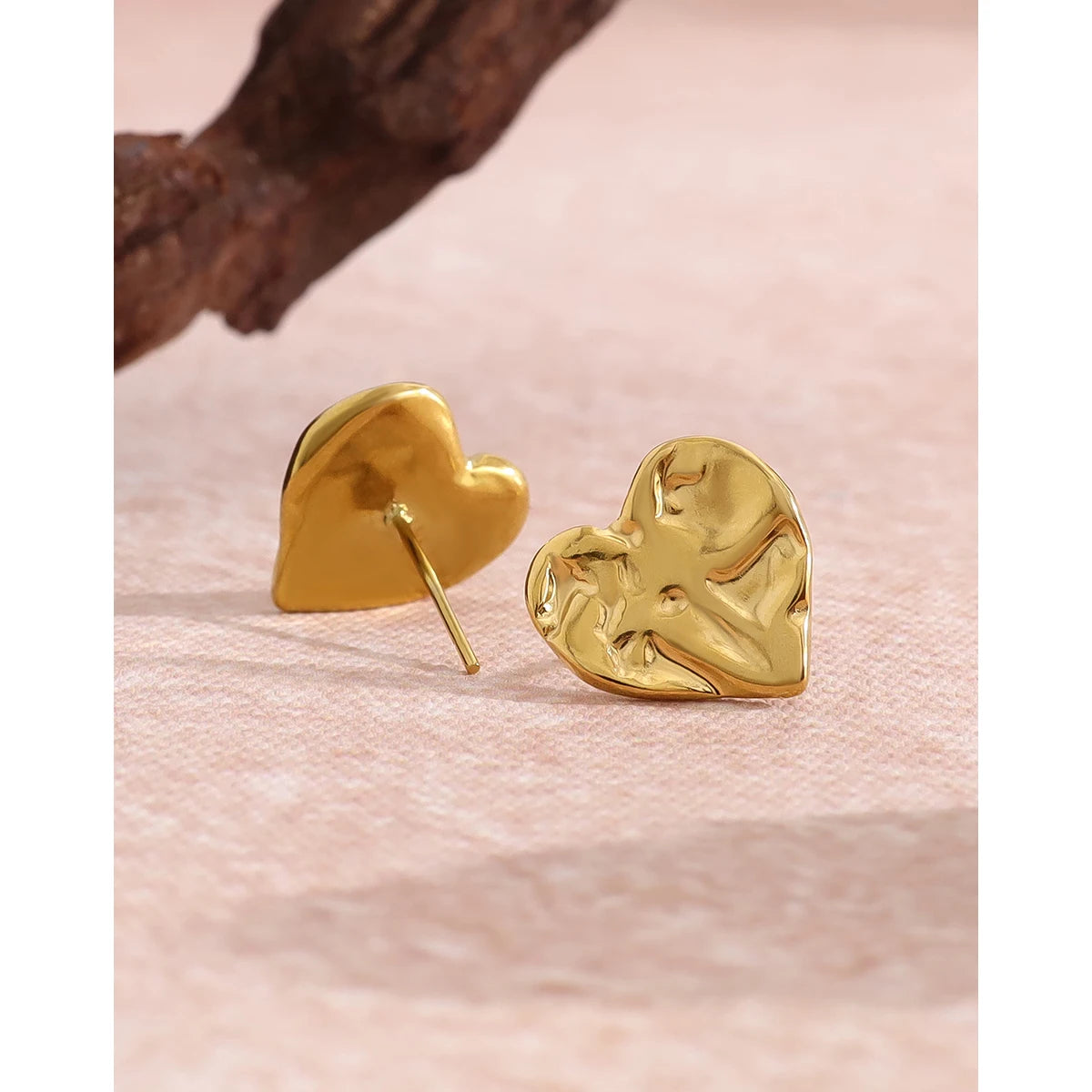 YACHAN Stainless Steel Love Heart Stud Earrings for Women Irregular Metal Texture Trendy Vintage Waterproof Jewelry