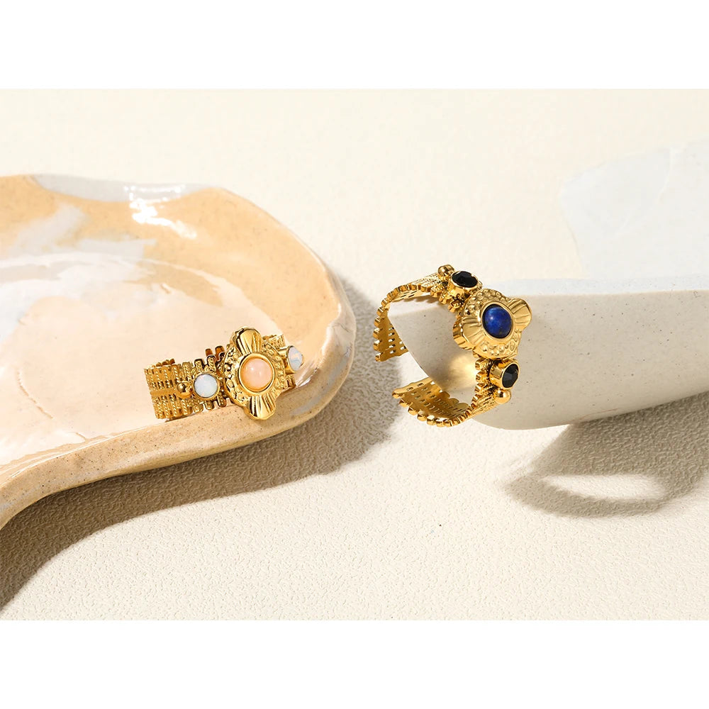 YACHAN Boho Vintage Stainless Steel Rings for Women Pink Natural Stone Lazurite 18K Gold Plated Aesthetic Trend Jewelry