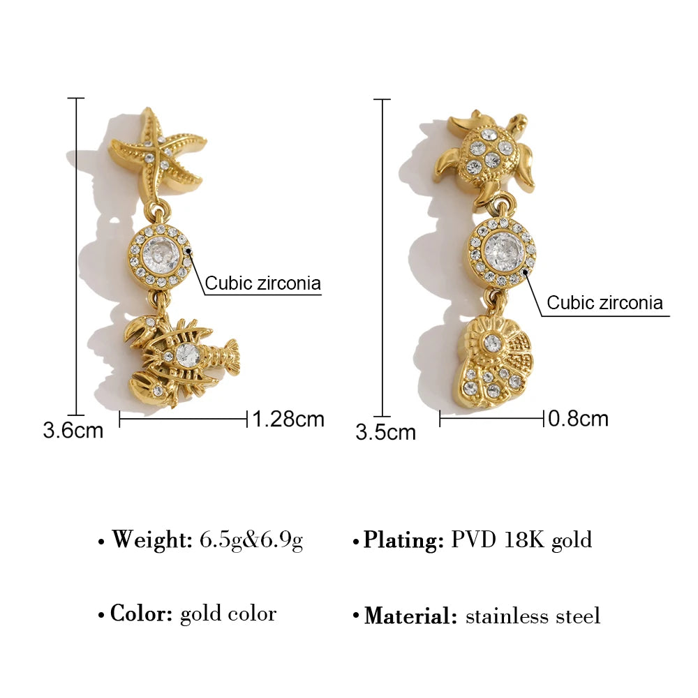 YACHAN 18K PVD Gold Plated Stainless Steel Dangle Earrings for Women Waterproof CZ Starfish Lobster Summer Ocean Beach Jewelry
