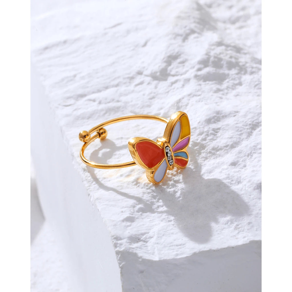 YACHAN Colorful Enamel Butterfly Stainless Steel Rings for Women Creative Cute 18K Gold Plated Jewelry Waterproof