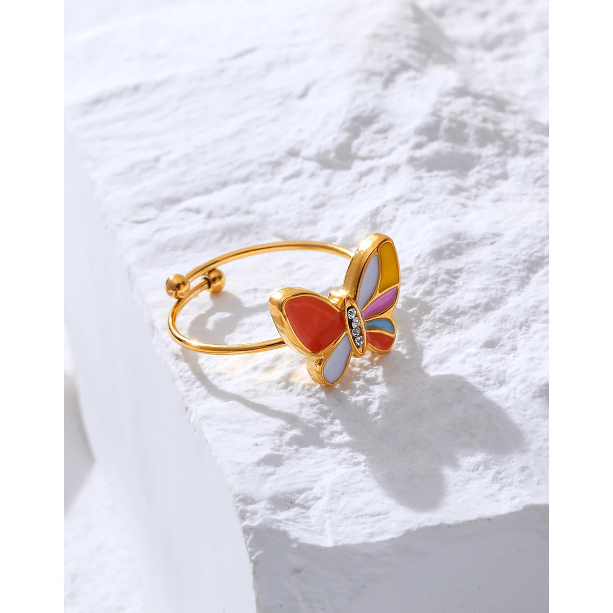 YACHAN Colorful Enamel Butterfly Stainless Steel Rings for Women Creative Cute 18K Gold Plated Jewelry Waterproof