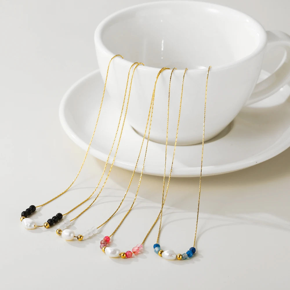YACHAN Stainless Steel Golden Sweater Necklace Rope Chain Bead Beads Pearl Pendant for Woman Trendy Jewelry 4 Color
