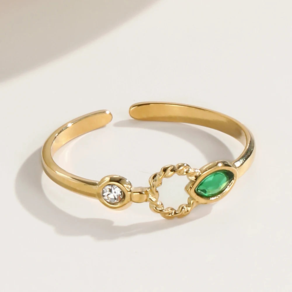 YACHAN Charm Light Green Zircon Crystal Thin Rings for Women Fashion Wedding Stainless Steel Gold Plated Ring Jewelry