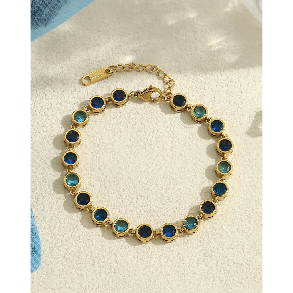 YACHAN Luxury Blue Zircon Crystal Bracelet for Women Chic 18K Gold Plated Stainless Steel Trendy Waterproof Jewelry