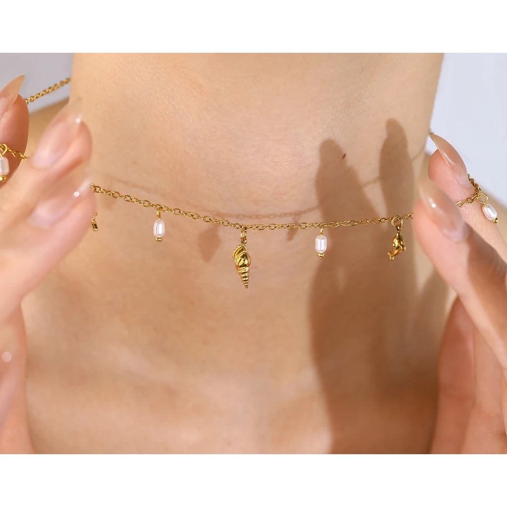 YACHAN Stainless Steel Ocean Charms Necklace for Women Trendy Chic Beach Waterproof Holiday 18K Gold Plated Jewelry