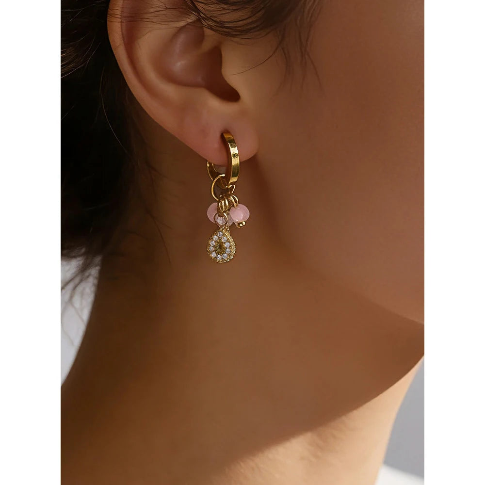 YACHAN Pink Natural Stone Charms Stainless Steel Hoop Earrings for Women Chic 18K Gold Plated Dangle Earring Trendy Jewelry