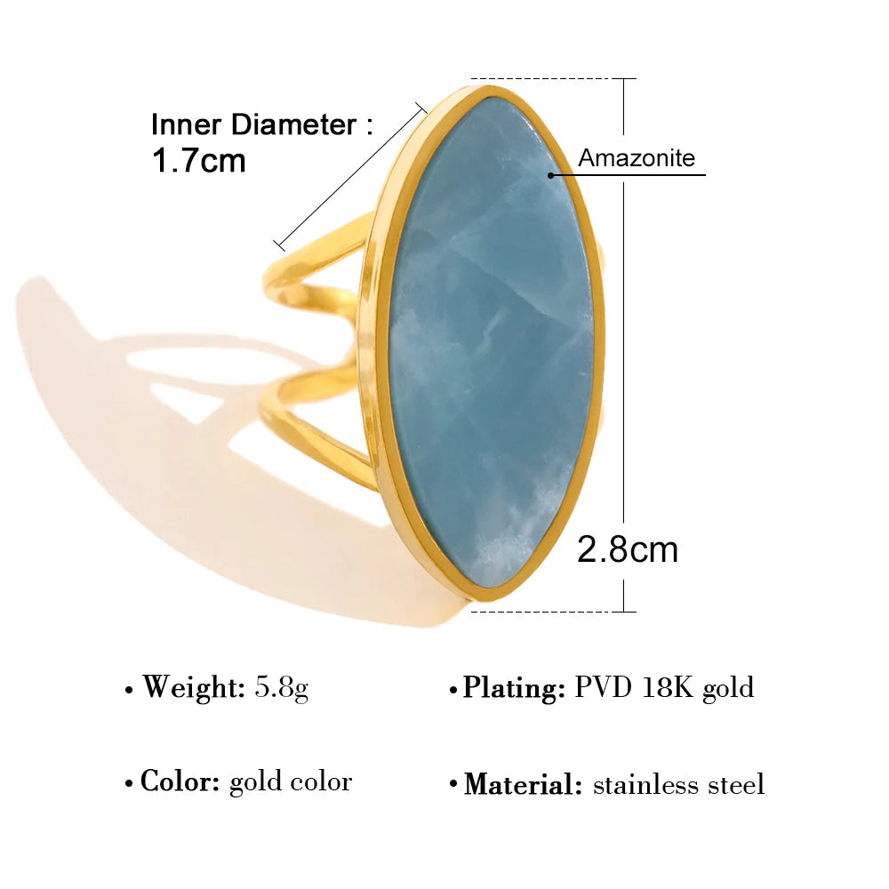 YACHAN Vintage Luxury Natural Stone Stainless Steel Ring for Women Blue Charm 18K Gold Plated Trendy Waterproof Jewelry