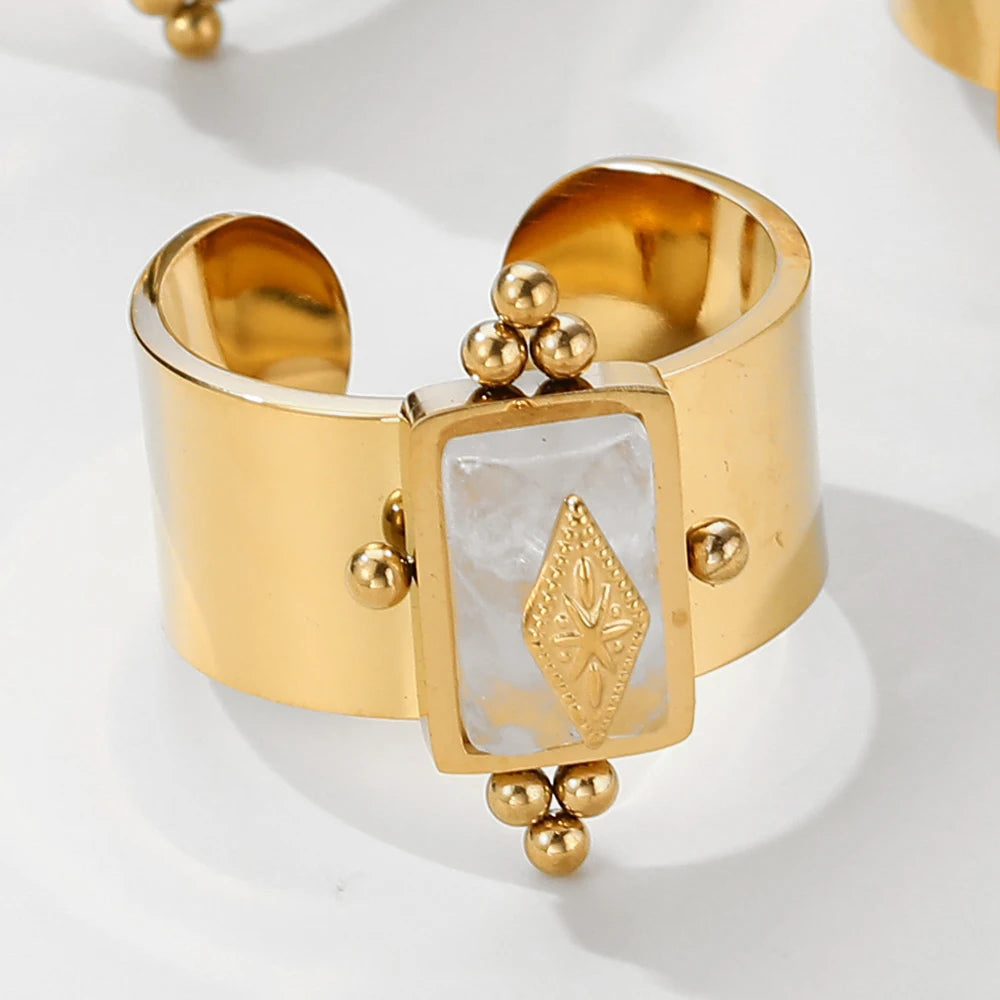 YACHAN Water Proof Natural Stone Stainless Steel Gold Plated Wide Rings for Women Finger Adjustable Open Ring Vintage Jewelry