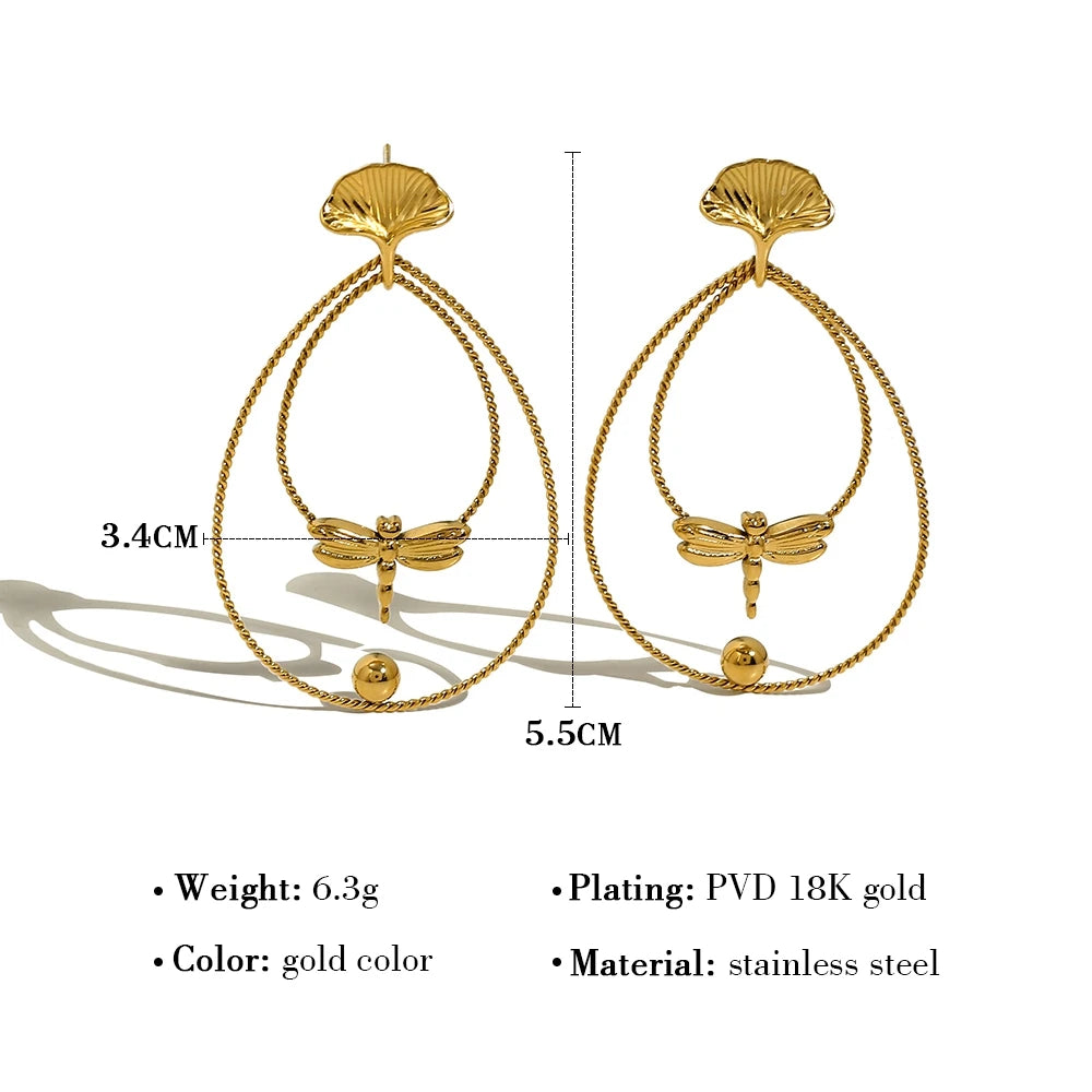 YACHAN 18K Gold Plated Stainless Steel Earrings for Women Creative Dragonfly Ginkgo Leaf Drop Earrings Trendy Jewelry