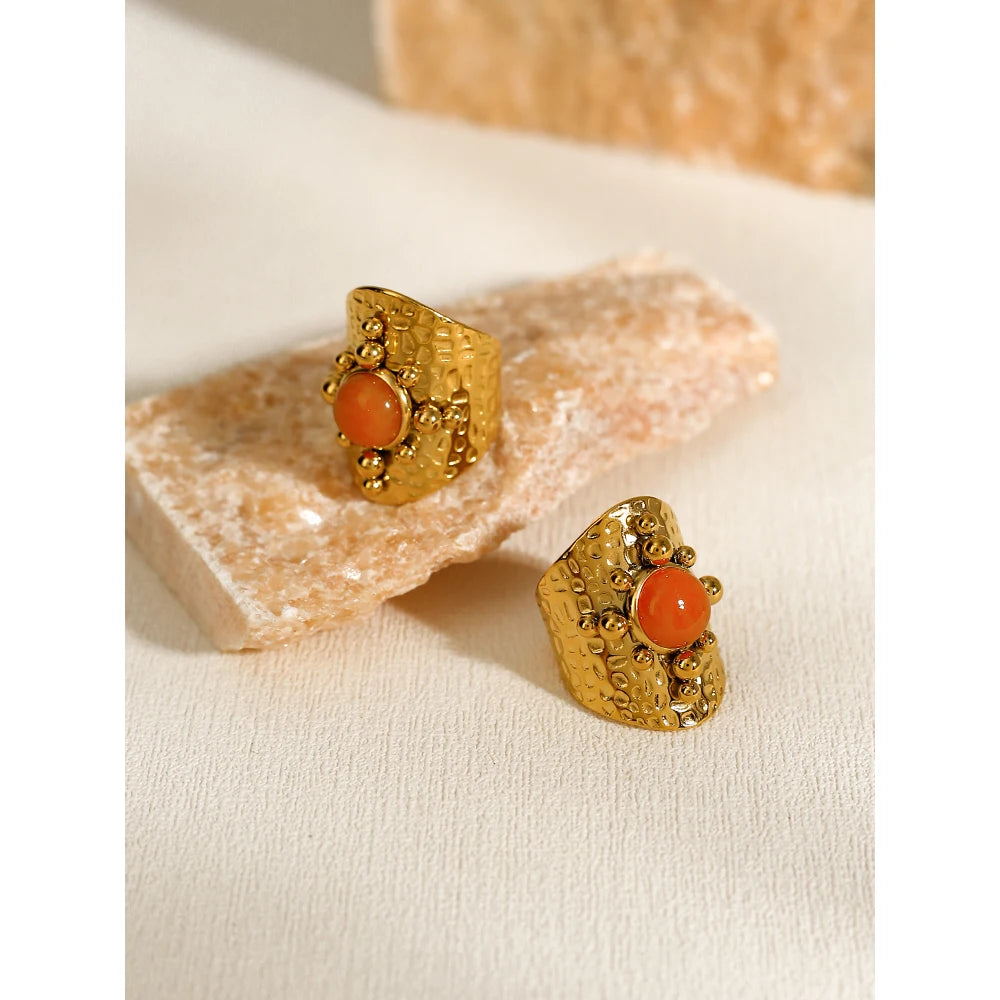 YACHAN 18K Gold Plated Stainless Steel Wide Ring for Women Luxury Orange Stone Metal Texture Trendy Aesthetic Jewelry