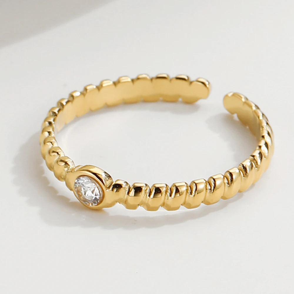 YACHAN Stainless Steel Gold Plated Cubic Zirconia Rings for Women Adjustable Opening Simple Irregular Shape Ring Trendy Jewelry