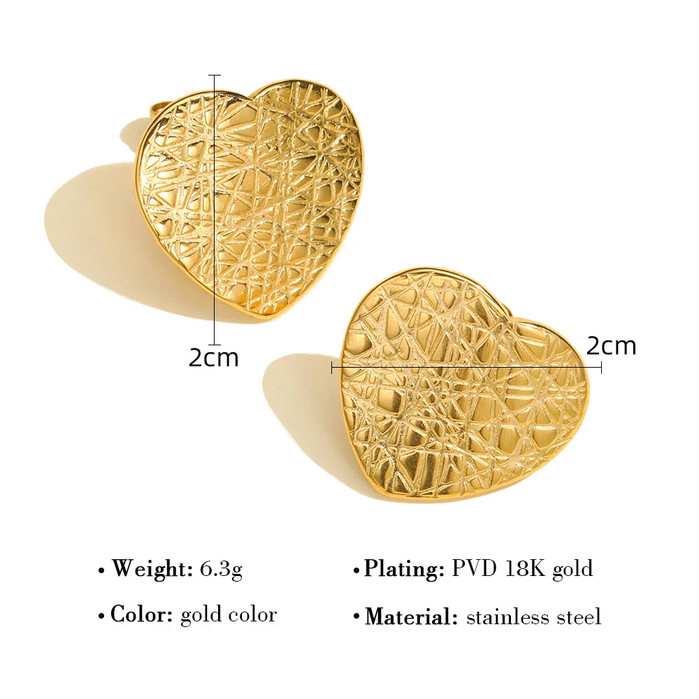 YACHAN Trendy 18K Gold Plated Stainless Steel Heart Stud Earrings for Women Individual Irregular Knife Cut Metal Texture Jewelry
