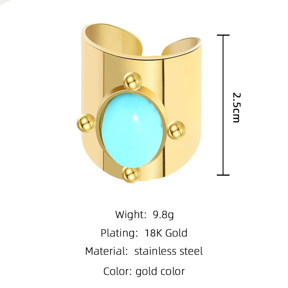 YACHAN Water Proof Stainless Steel Glossy Ring for Women Green Natural Stone Opening Gold Plated Rope Rings Trendy Jewelry Gift