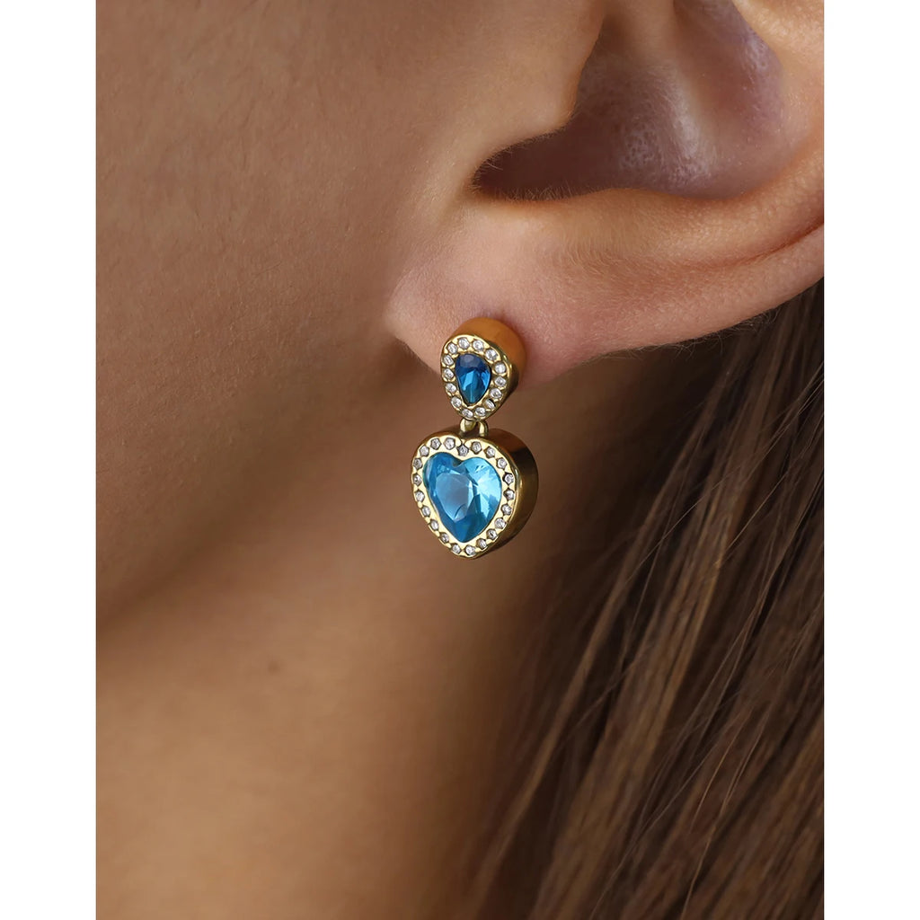 YACHAN Vintage Elegant Blue Crystal Heart Drop Earrings for Women Chic 18K Gold Plated Stainless Steel Trendy Jewelry